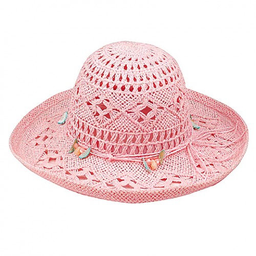 Wide Brim Crochet Toyo Straw Accent w/ Beaded Band - Pink - HT-8202PK Wide Brim Crochet Toyo Straw Accent w/ Beaded Band - Pink - HT-8202PK